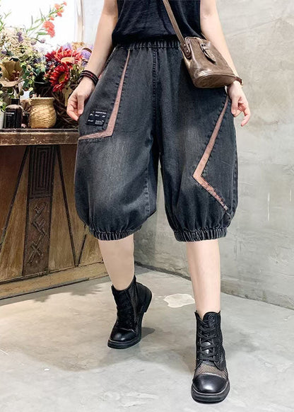 Black Grey Elastic Waist Asymmetrical Applique Cotton Denim Crop Pants Summer