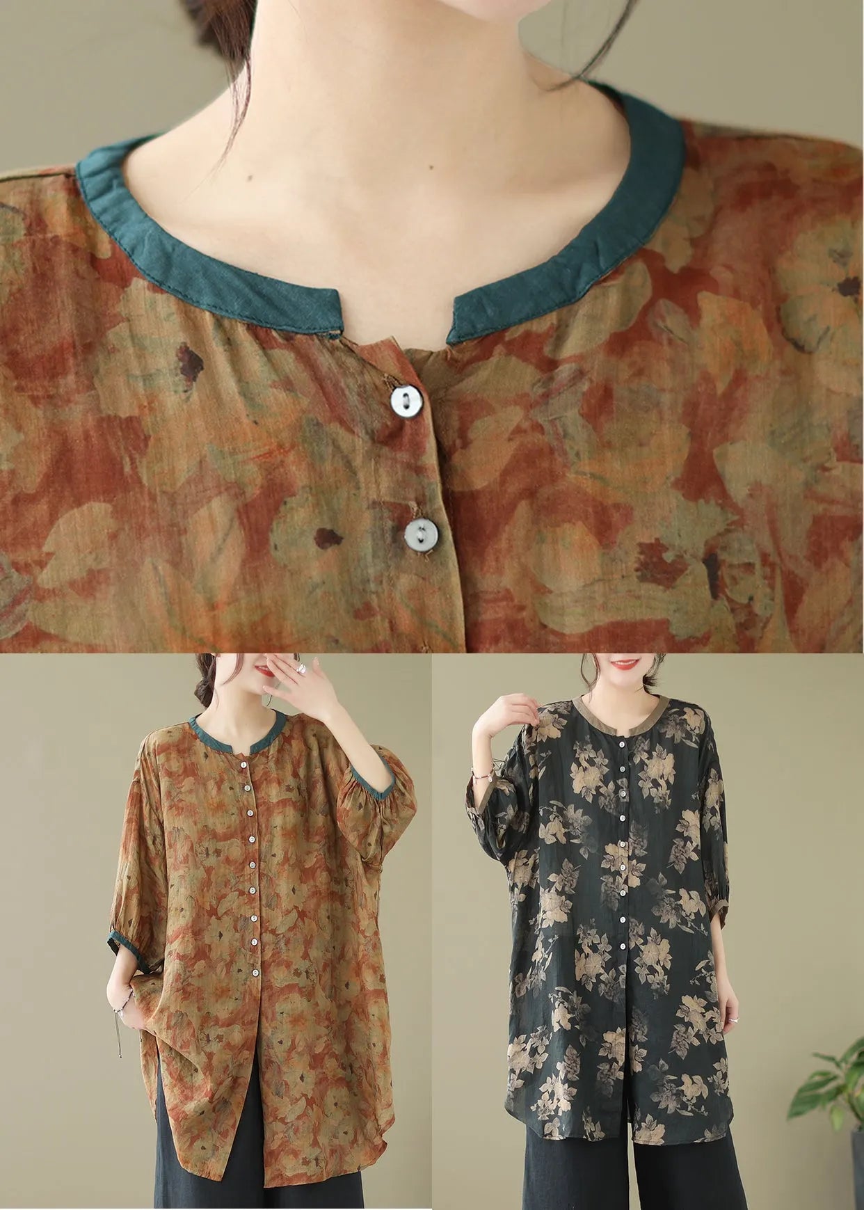 Fitted Black Oversized Print Linen Shirt Dress Lantern Sleeve