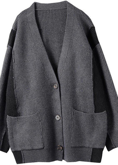 For Spring Gray Knitted Pullover V Neck Button Downfall Spring Knit Ssweat Tops