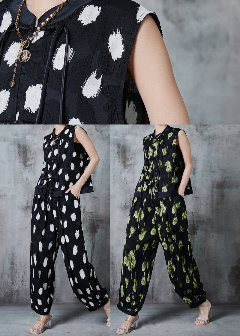 Green Patchwork Silk Sets 2 Pieces Tasseled Chinese Button Summer