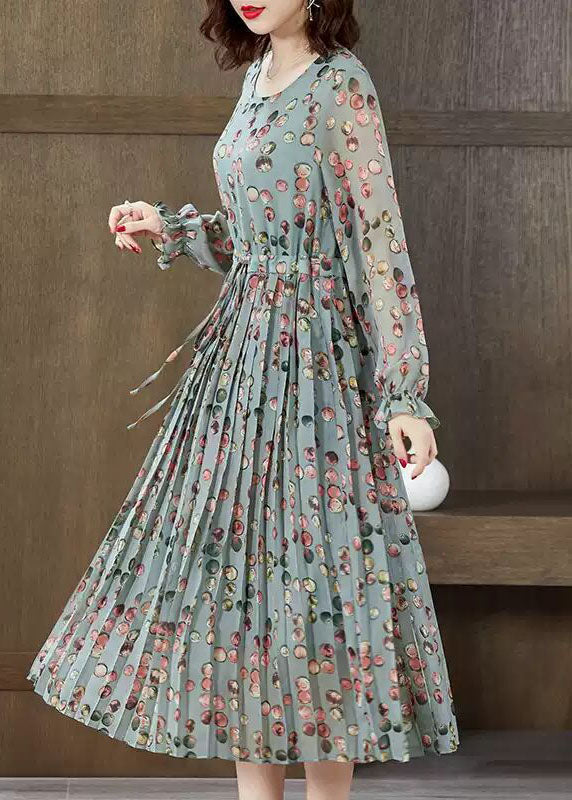 Green O-neck Tie Waist Wrinkled Chiffon Maxi Dresses Spring
