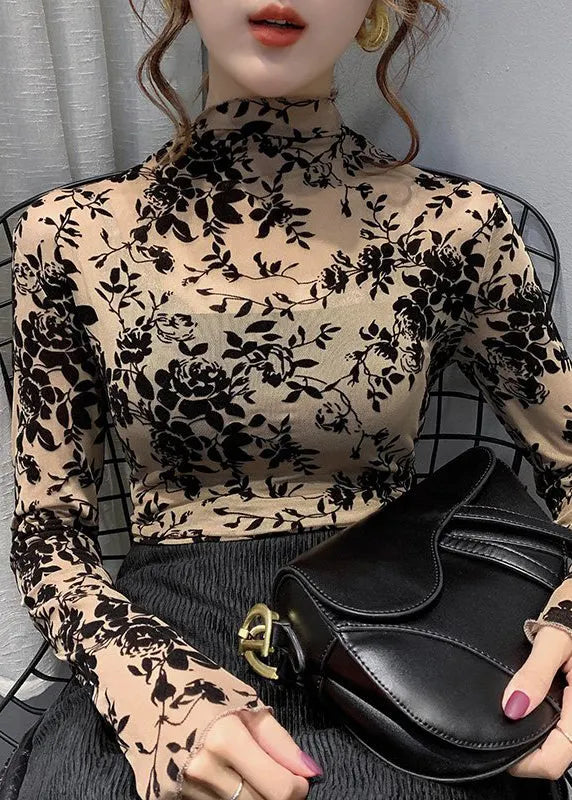 Apricot Turtleneck Embroideried Lace Tops Bottoming Shirt