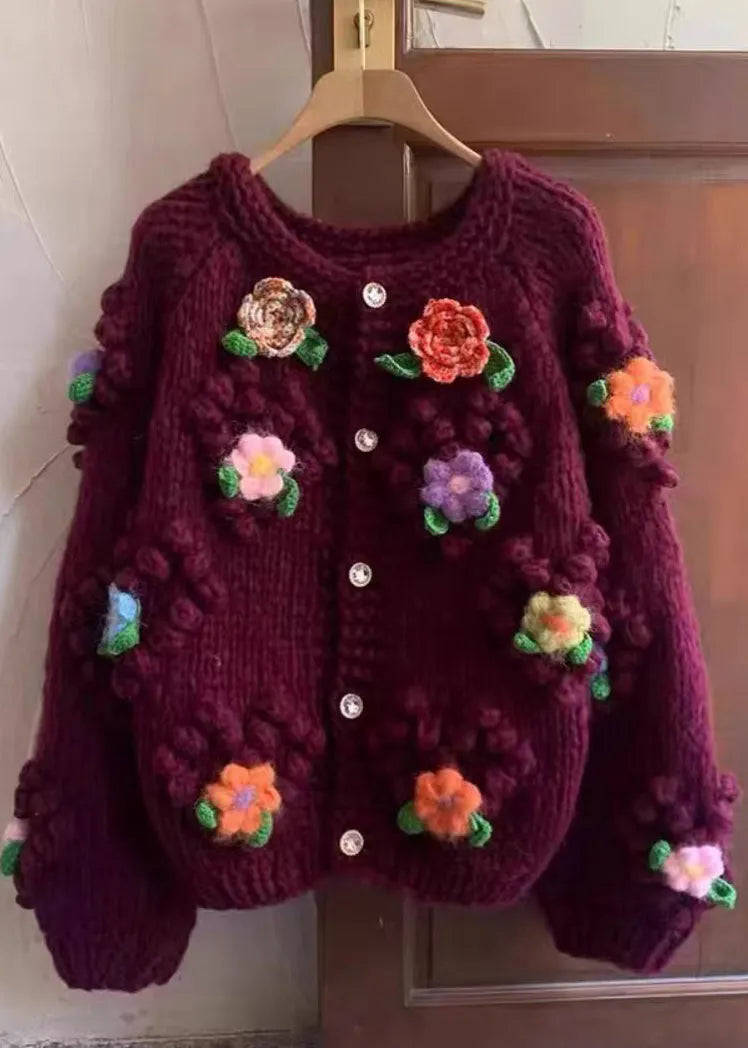 Red O Neck Button Cozy Cotton Knit Coats Long Sleeve