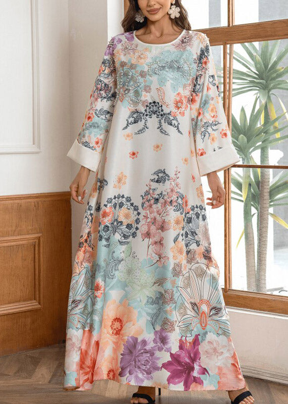 O-neck Print Zircon Maxi Dresses Fall