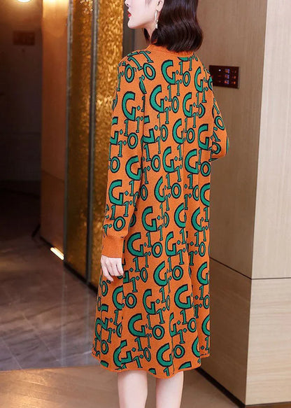 Simple Orange O-neck Letter Print Knit Sweater Dress Long Sleeve