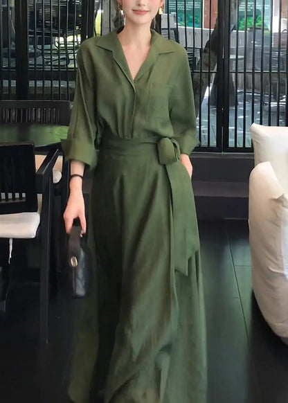 Green Peter Pan Collar Shirts and Skirts Cotton Two Pieces Set Spring