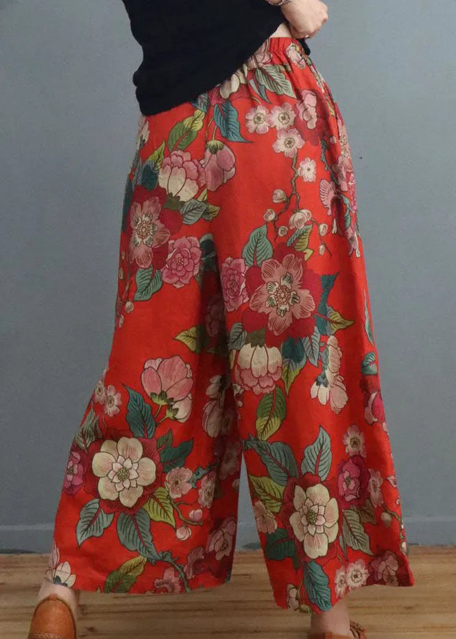 Handmade Red Print Linen Wide Leg Pants Spring