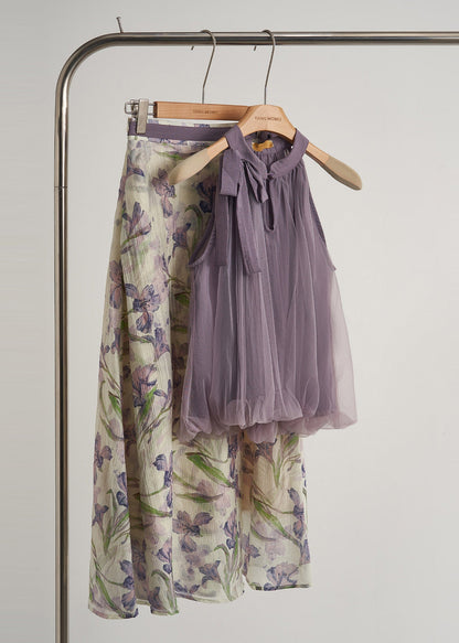 Lavender Cold Shoulder Print Tulle Two Pieces Set Summer