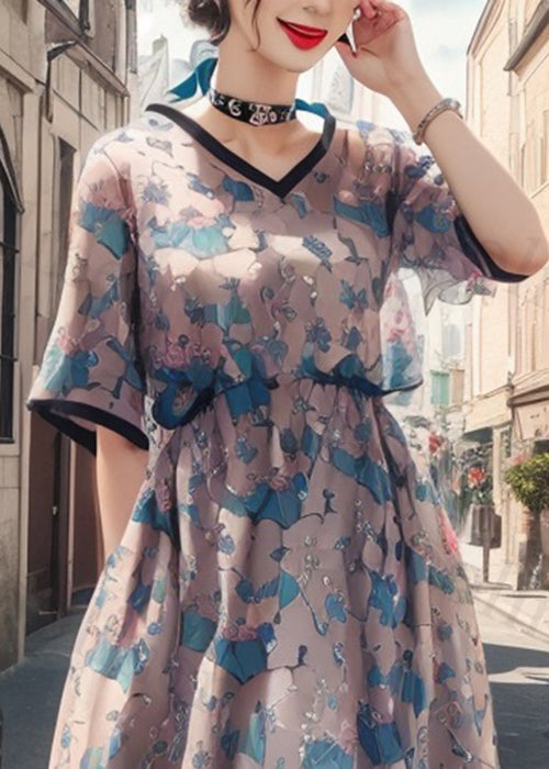 Blue V Neck Print Pockets Silk Dress Short Sleeve