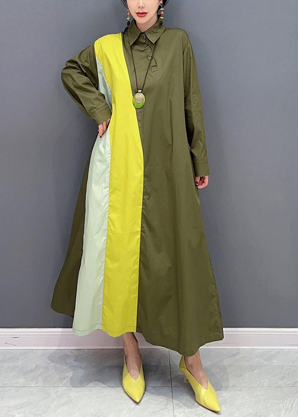 Army Green Peter Pan Collar Patchwork Cotton Maxi Dresses Spring