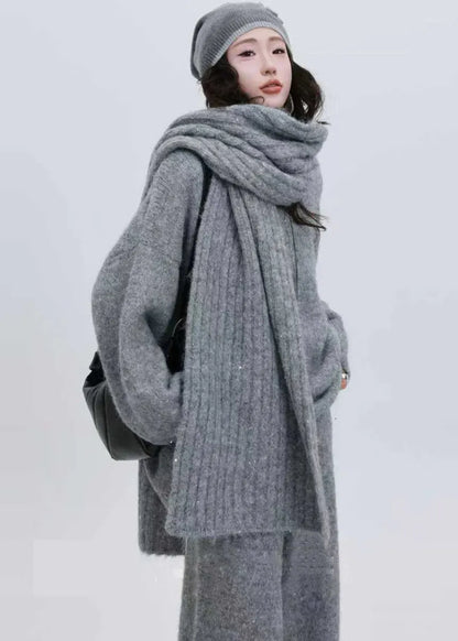 Grey Sequins Thick Knit Two Pieces Set Winter