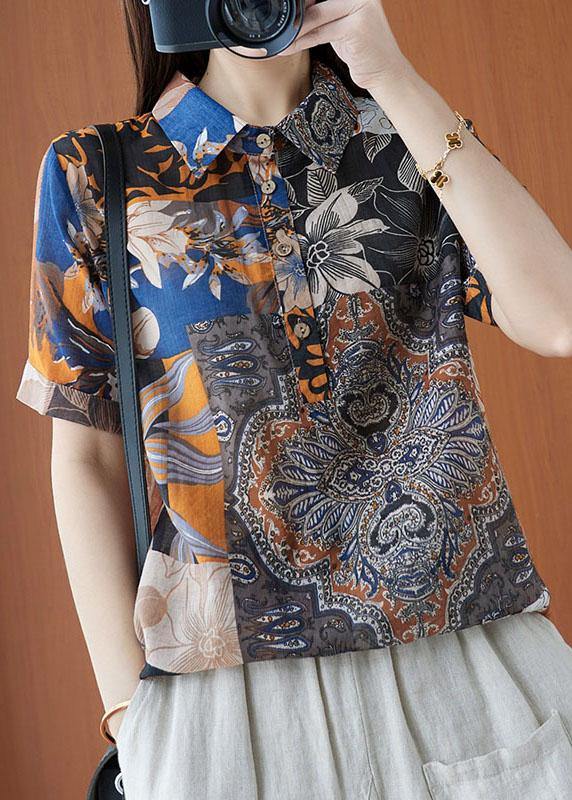 Print Peter Pan Collar Button Cotton Linen Top Summer