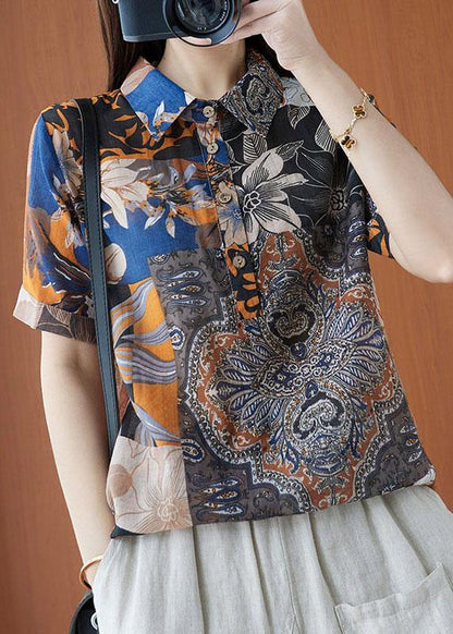 Print Peter Pan Collar Button Cotton Linen Top Summer