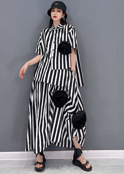 Diy Black White Striped Asymmetrical Cotton Two Pieces Set Summer