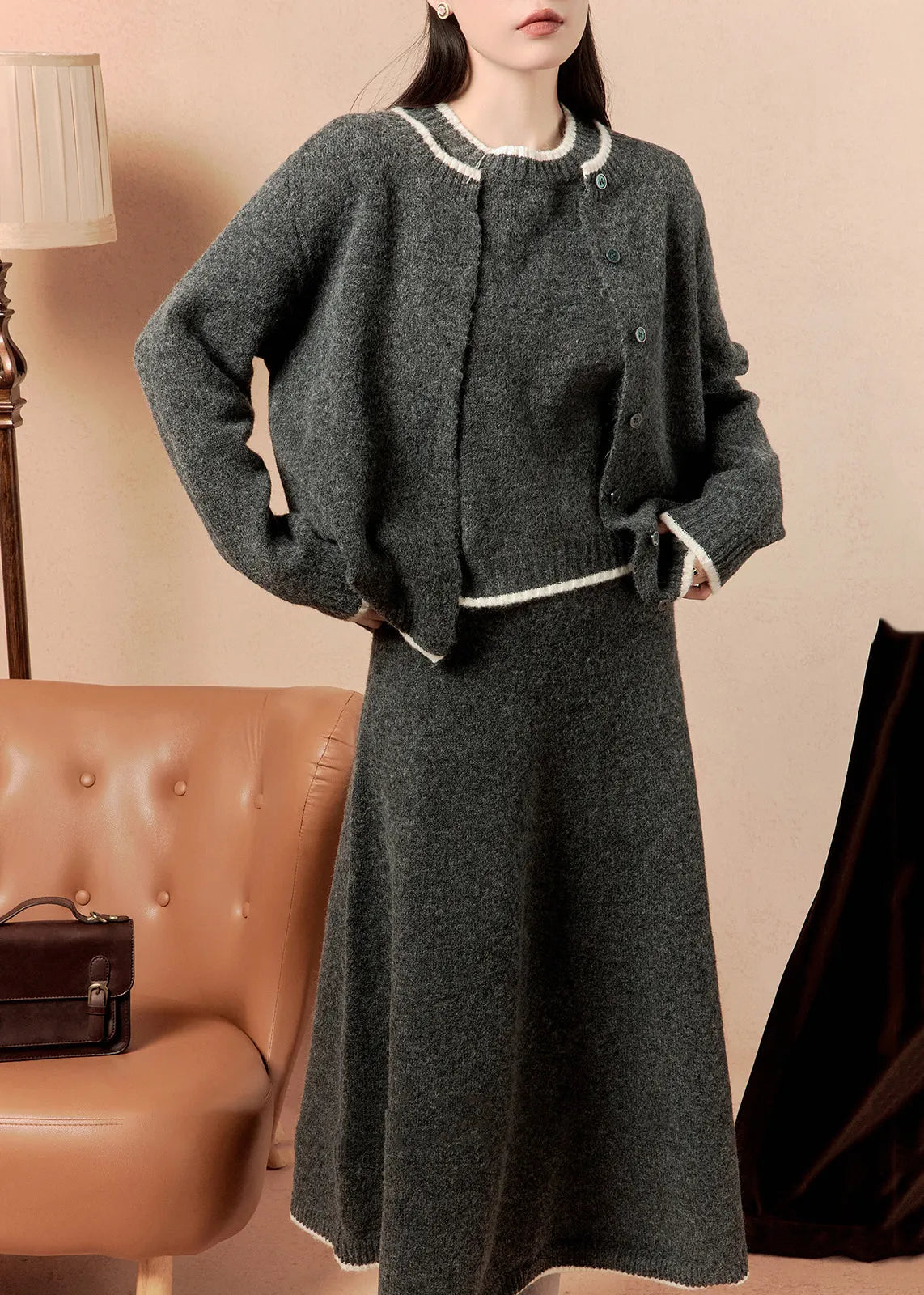 Dark Gray O Neck Button Knit Three Pieces Set Winter