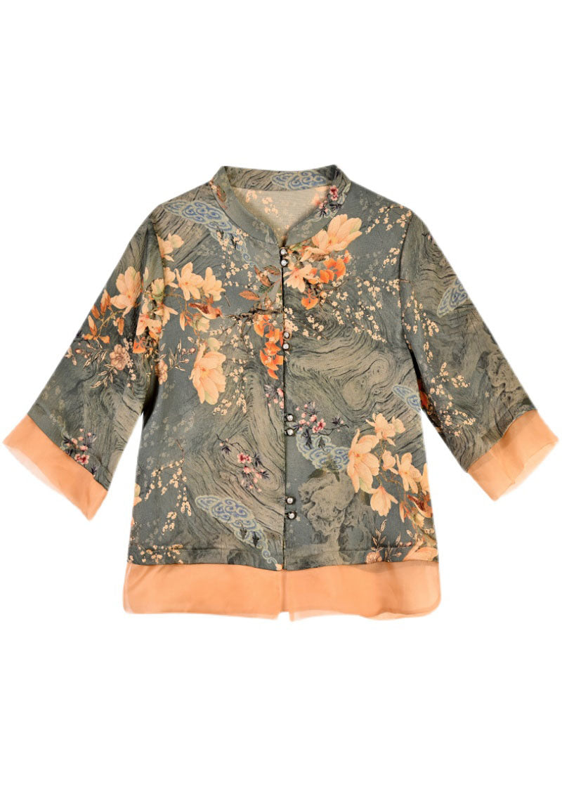 Slim Fit Light Green O-neck Print Button Tulle Patchwork Silk Blouse Tops Short Sleeve