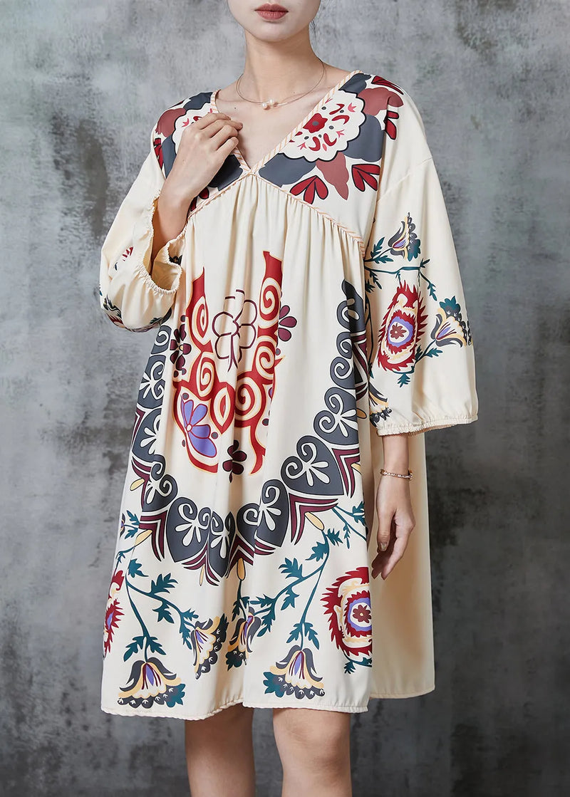 Khaki Oversized Print Cotton Vacation Dress Summer