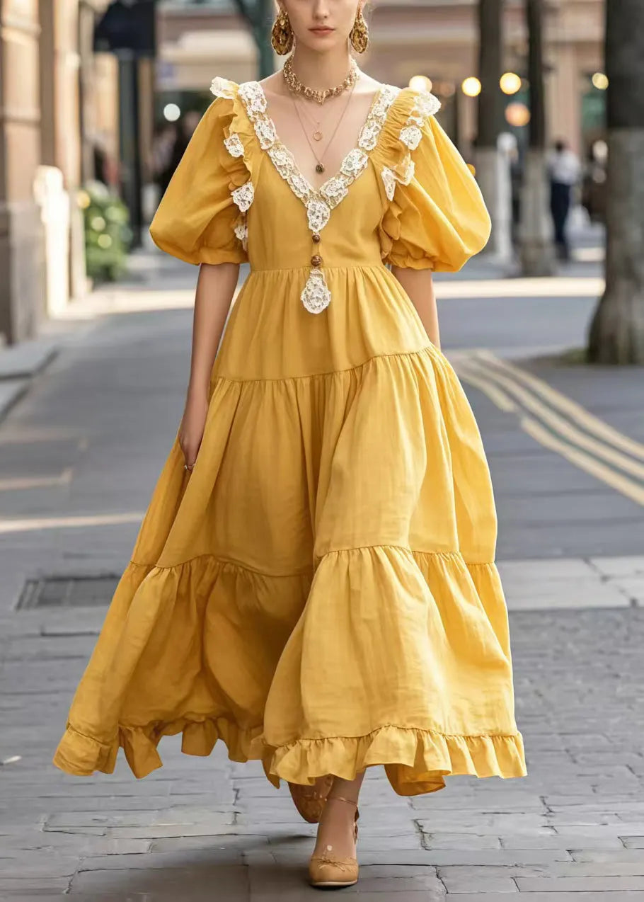 Yellow Puff Sleeve Patchwork Lace Vacation Dresses