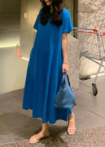 Blue Pockets Cotton Long Dress Short Sleeve