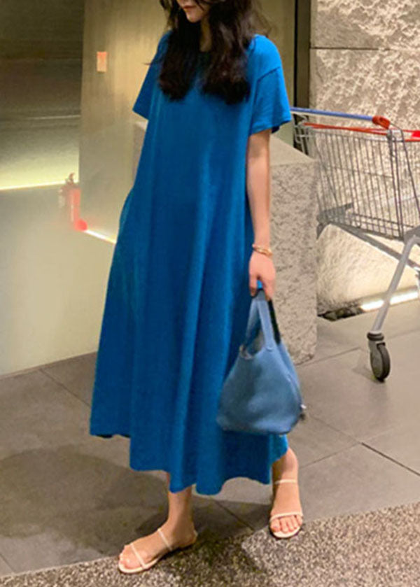 Blue Pockets Cotton Long Dress Short Sleeve