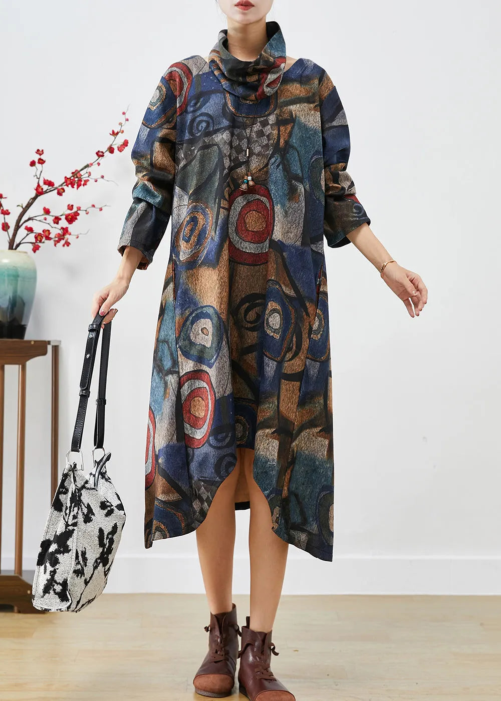 Navy Oversized Print Woolen Dress Two Piece Set Fall