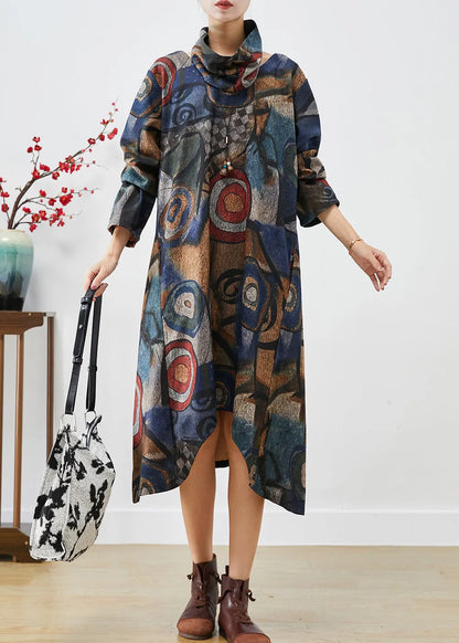 Navy Oversized Print Woolen Dress Two Piece Set Fall