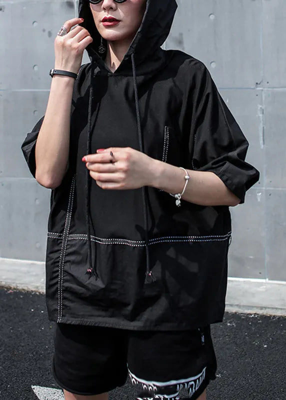 Classy Black O-neck Patchwork Drawstring Hooded Coats Half Sleeve