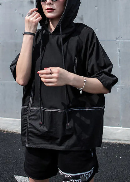 Classy Black O-neck Patchwork Drawstring Hooded Coats Half Sleeve