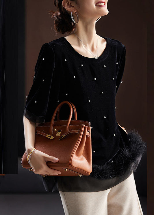 Black O-neck Zircon Tassel Patchwork Fluffy Silk Velour Top Summer