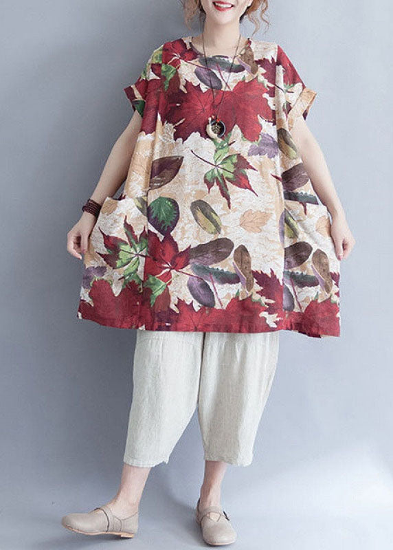 Retro O-neck Print Loose Fall Top Short Sleeve