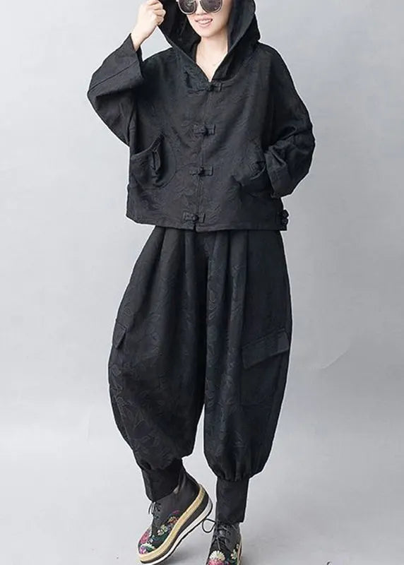 Jacquard Black Hooded Coats and Pants Two Pieces Set Fall