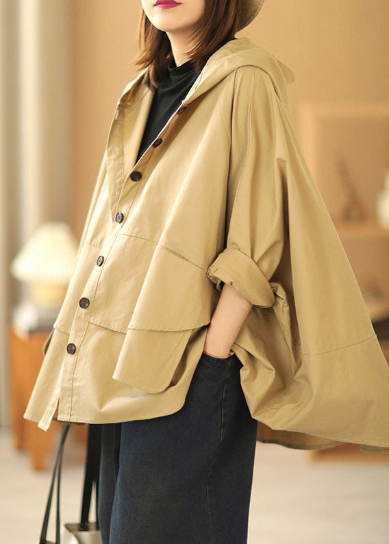 Khaki Bat Wing Sleeve Patchwork Fall Hooded Coat