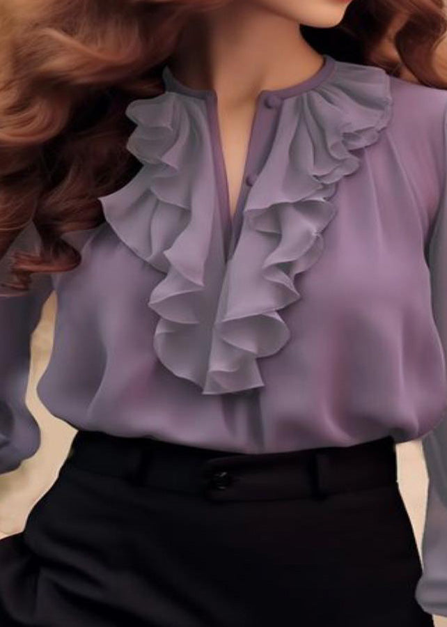 Unique Purple O-neck Ruffled Chiffon Shirt Bracelet Sleeve