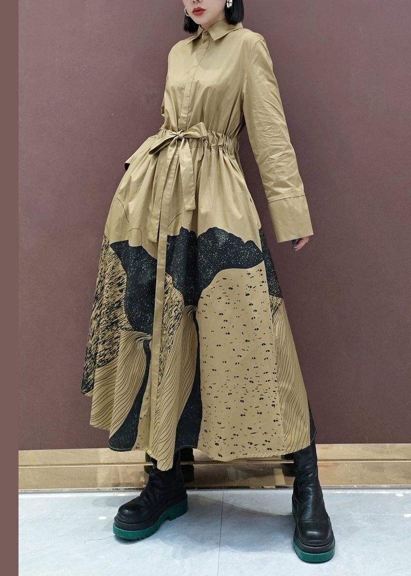 Khaki Print Tunics Lapel Drawstring Robes Spring Dresses