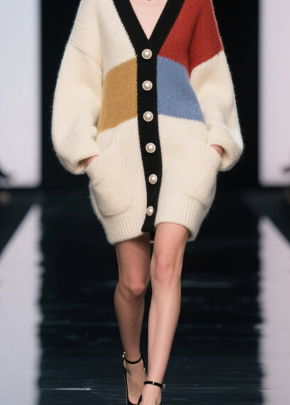 Colorblock V Neck Button Patchwork Knit Cardigan Fall
