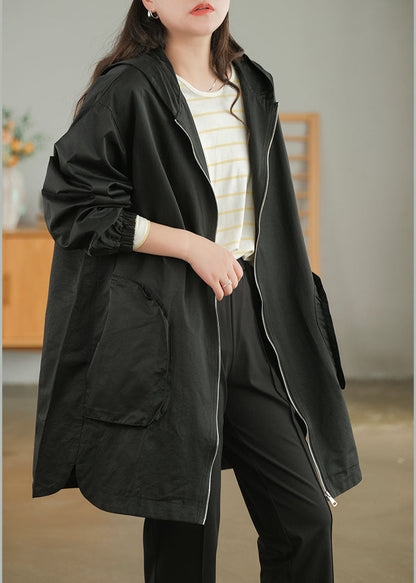 Black Zip Up Color Cotton Trench Coats Fall