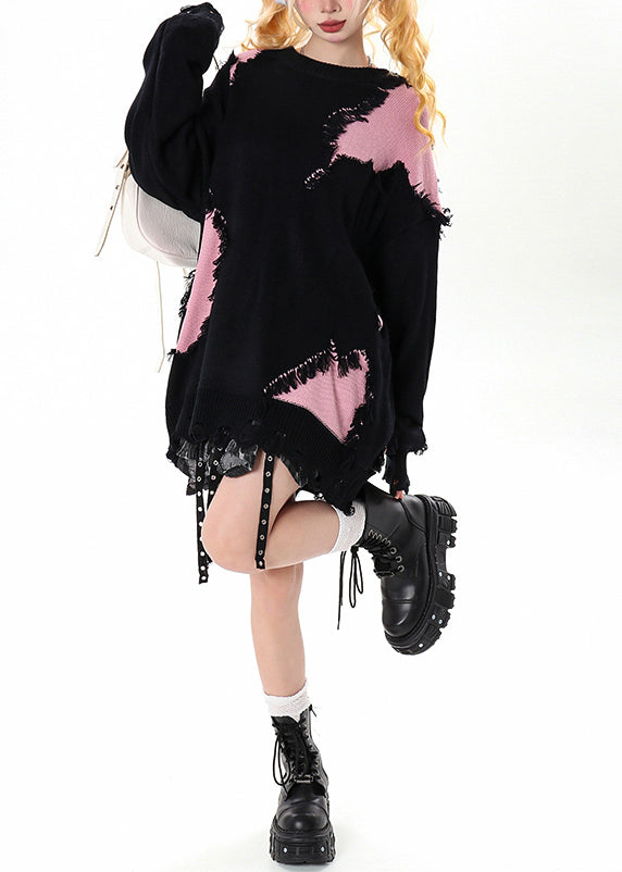 Black Tasseled Patchwork Hole Cozy Sweater Winter