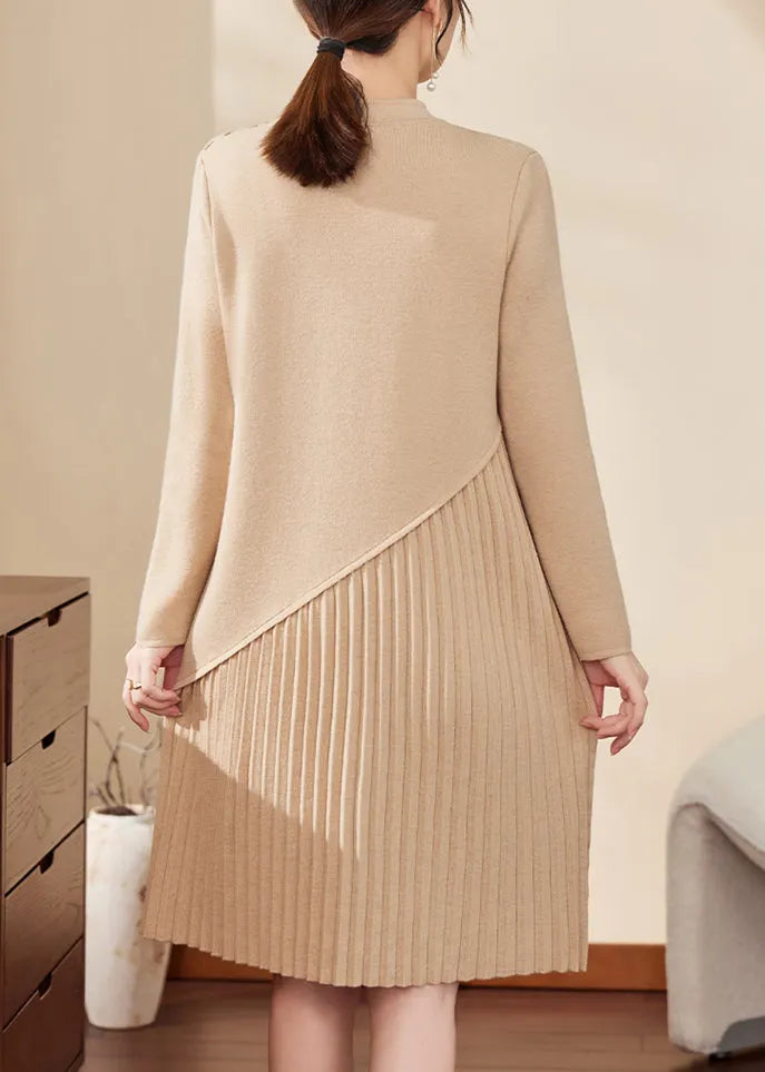 Apricot Print Ptchwork Hollow Out Cotton Knit Maxi Sweater Dress Fall