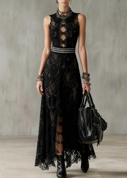 Black Hollow Out Side Open Lace Long Dresses Sleeveless Summer