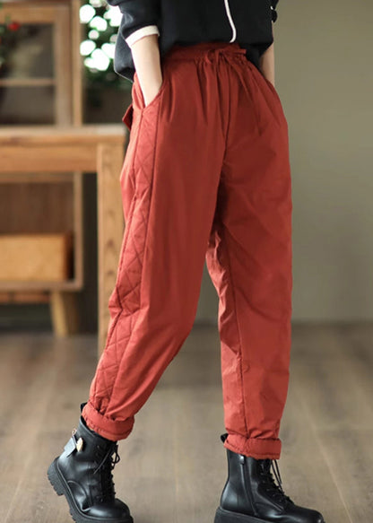 Red Pockets Patchwork Fine Cotton Filled Pants Winter