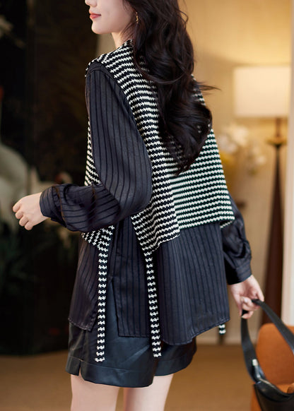 Boutique Black O-neck Fake Two Pieces Top Lantern Sleeve