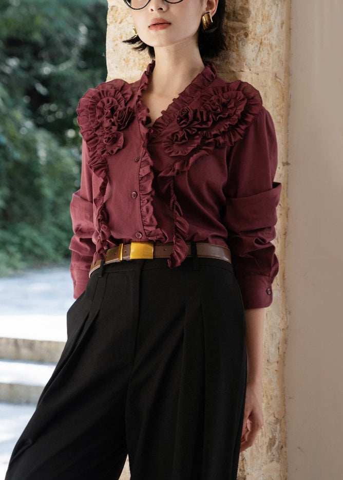 Coffee V Neck Ruffled Button Cotton Shirt Fall