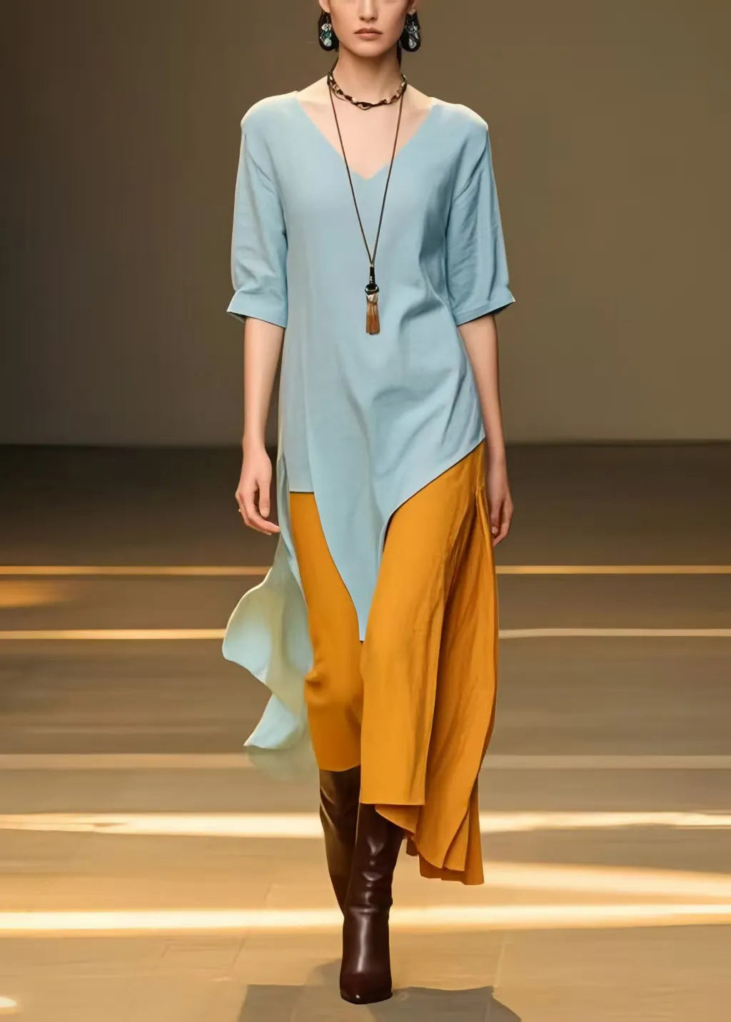 Sky Blue Asymmetrical Patchwork Cotton Long Dress Summer