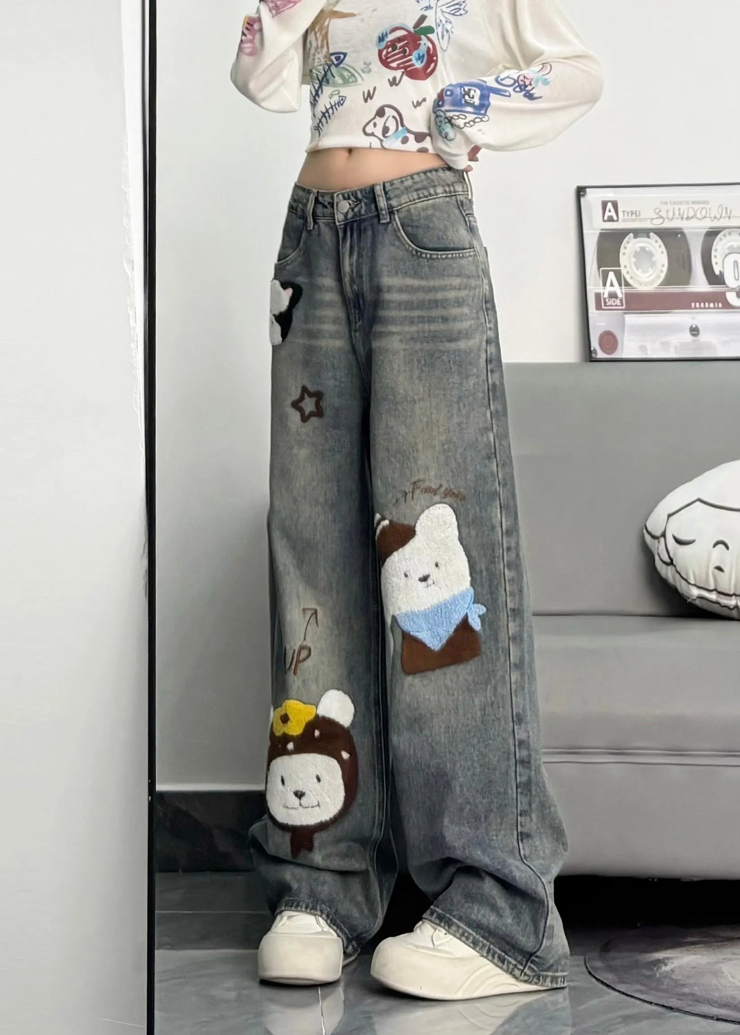 Blue Embroidered Character Denim Pants Spring