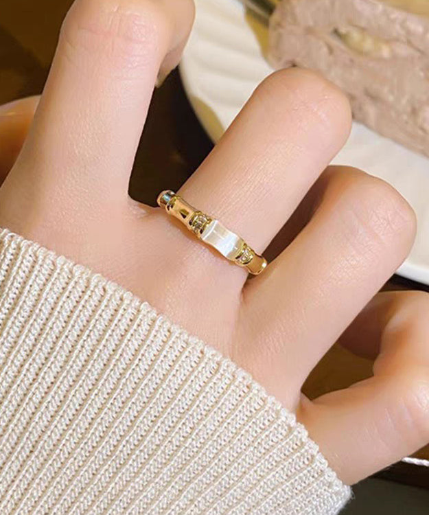 Stylish Gold Cat's Eeye Chalcedony Bamboo Joint Gold Plated Open Mouth Rings