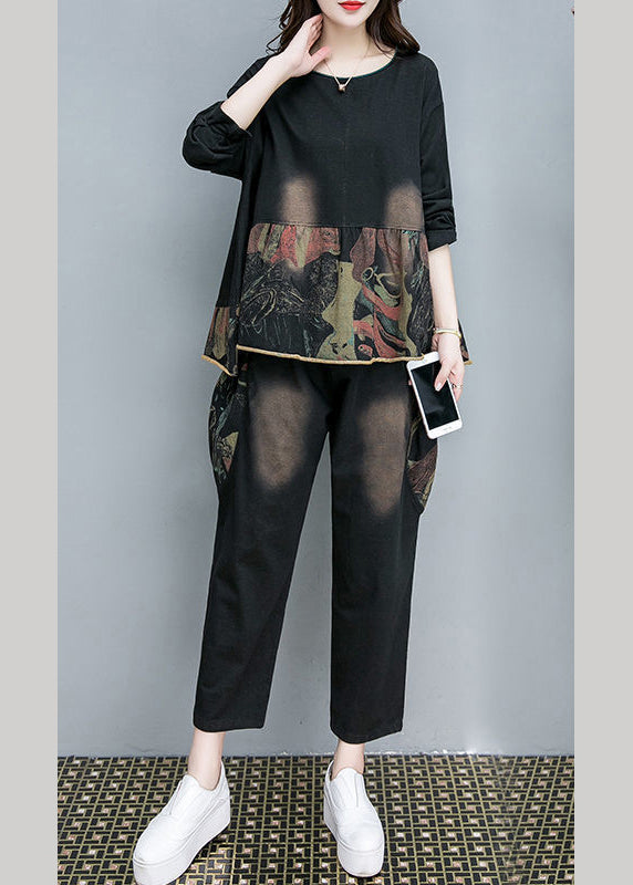 Black O-neck Print Top and Pants Two Pieces Set Fall