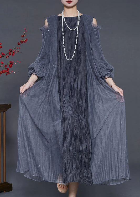 Style Grey Cold Shoulder Patchwork Wrinkled Silk Dresses Summer