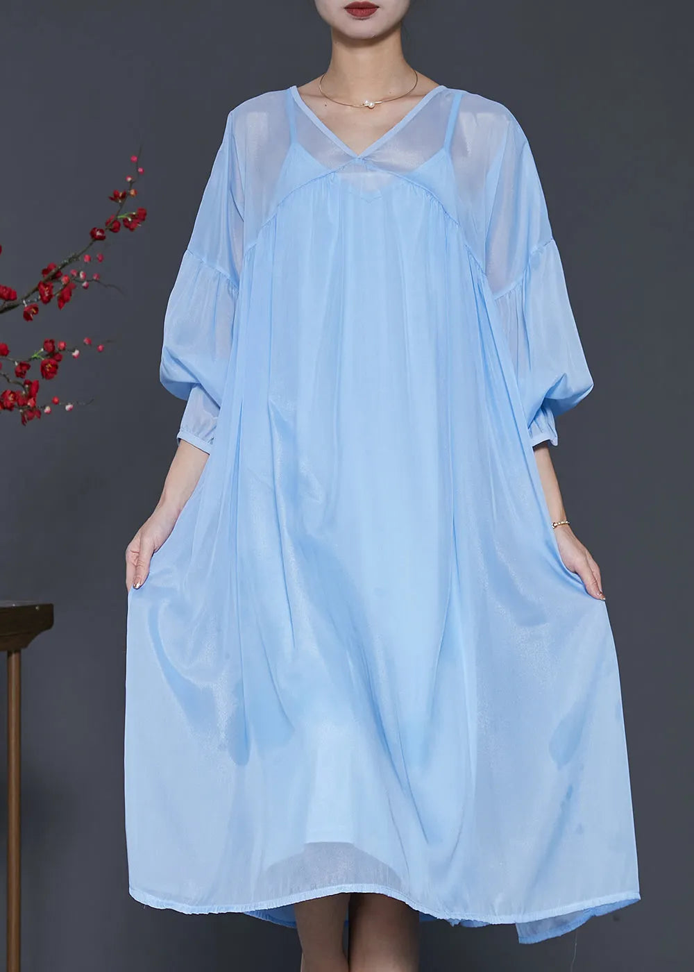 Lake Blue Draping Chiffon Dress Two Piece Set Lantern Sleeve