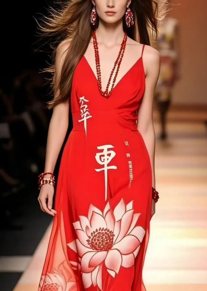 Red Lotus Print Chiffon Cami Dresses Summer