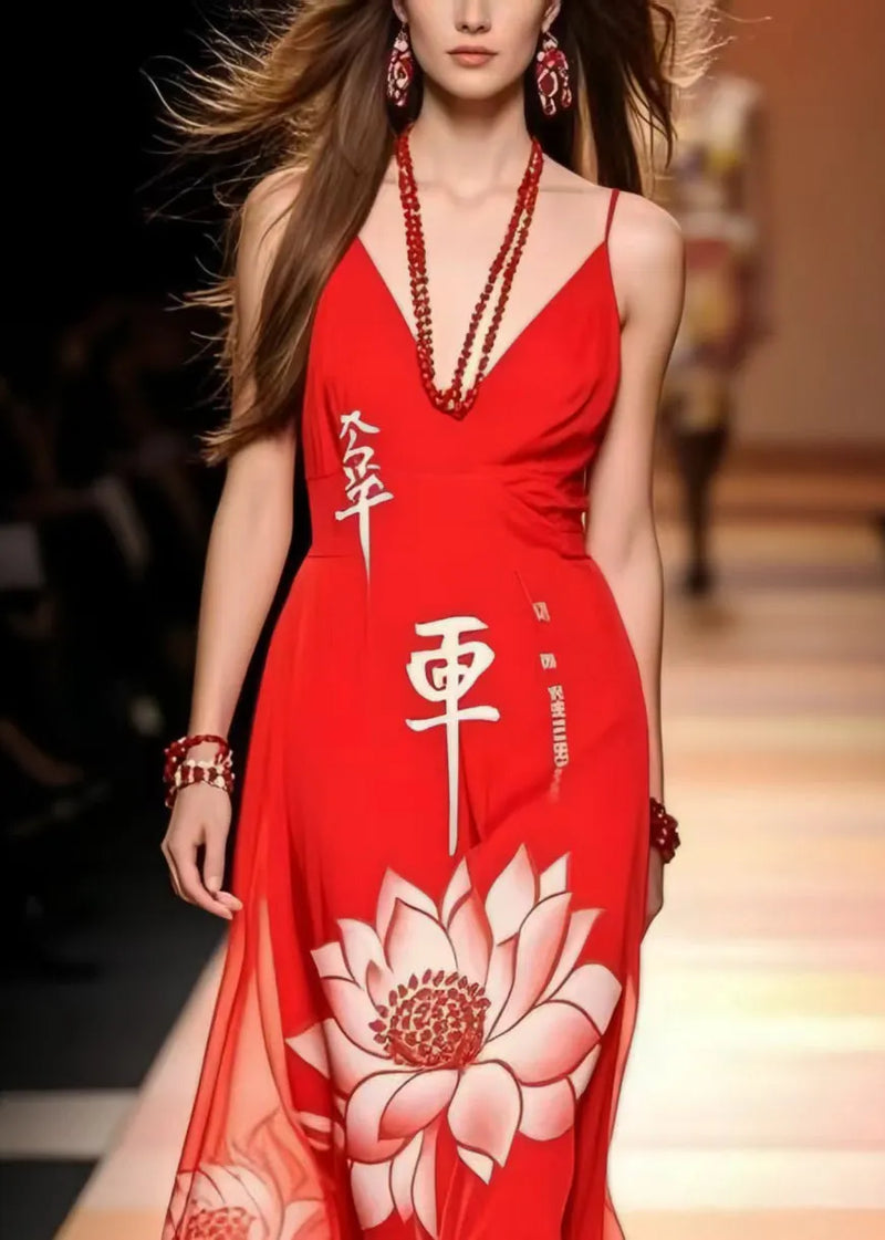 Red Lotus Print Chiffon Cami Dresses Summer